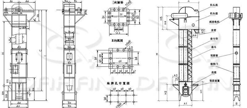 TD/D型斗式提升機基本結構:機頭蓋，機頭座，減速電機，直管，底座，緊張裝置等。