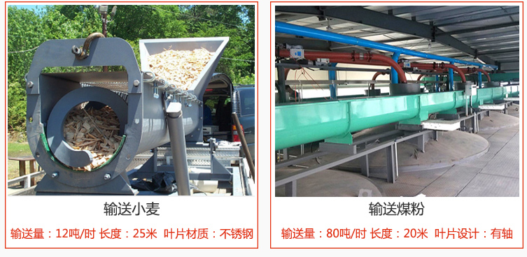 絞龍螺旋輸送機輸送小麥輸送量在12噸/時,長度為25米,葉片采用不銹鋼材質;輸送水泥輸送量在80噸/時,長度為20米,葉片設計為有軸。
