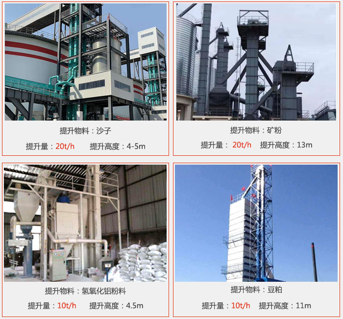 斗式提升機(jī)用戶(hù)使用現(xiàn)場(chǎng)圖片:提升沙子提升量:20t/h提升高度:4-5m提升物料:礦粉提升量:20t/h提升高度:13m提升物料:氫氧化鋁粉料 提升量:10t/h提升高度:4-5m提升物料:豆粕提升量:10t/h提升高度:11m
