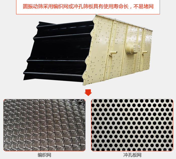 圓振動篩采用編織網或沖孔篩板具有使用壽命長,不易堵網。