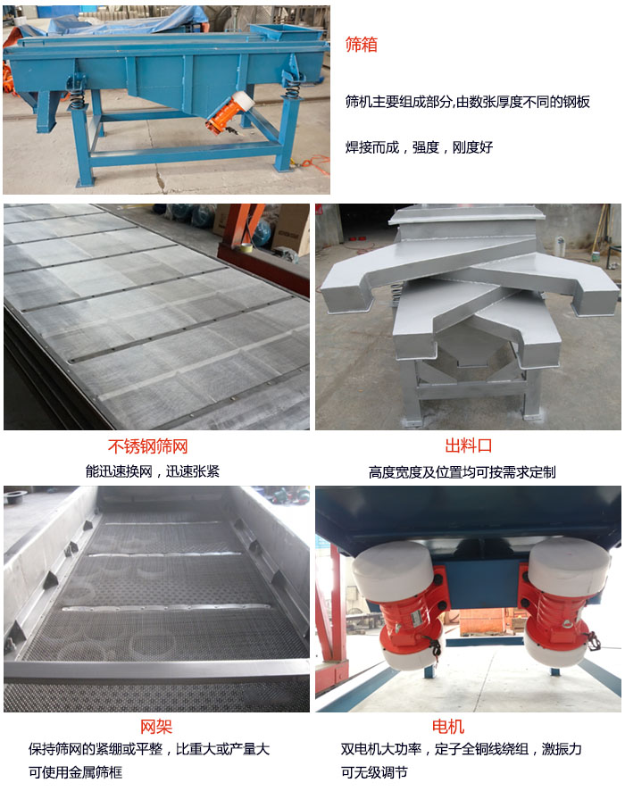 520型直線振動篩結構:篩箱:篩機主要組成部分,由數張厚度不同的鋼板焊制而成,強度,剛度好。不銹鋼篩網:能迅速換網,迅速張緊。電機:雙電機大功率,定子全銅線繞組,激振力可無極調節。網架:保持篩網的緊繃和平整,比重大或產量大時可使用金屬篩框。出料口:高度寬度及位置均可按照用戶的要求來定制。