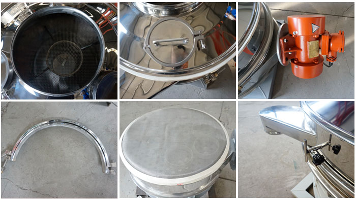 單振源直排篩細節展示:防塵蓋,振動源,振動篩網,大束環,控制開關等。