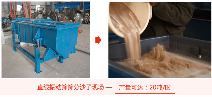 直線振動篩篩分沙子現場展示,產量高達20噸每小時。