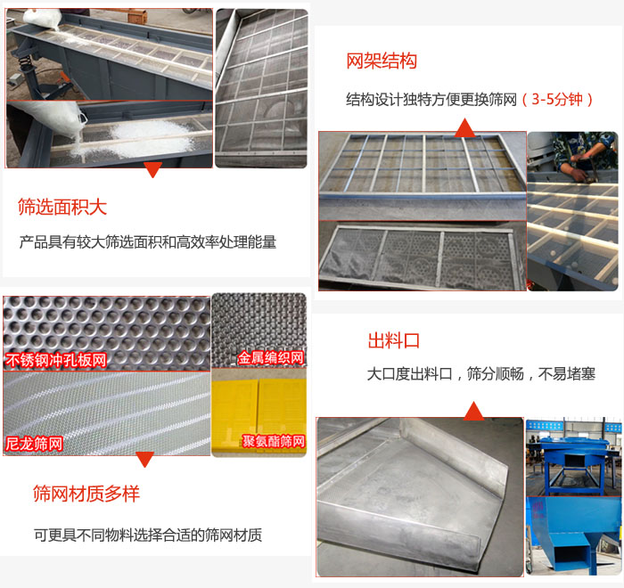 多層直線振動篩篩選面積大,網(wǎng)架結構方便篩網(wǎng)更換,篩網(wǎng)可選:不銹鋼沖孔板,金屬編織,尼龍篩網(wǎng),聚氨酯篩網(wǎng)等。