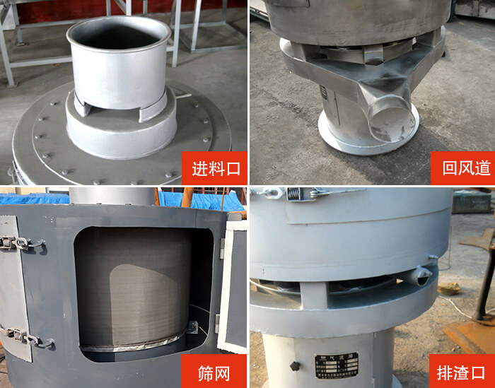 氣流篩分機進料口,回風道,篩網,排渣口。