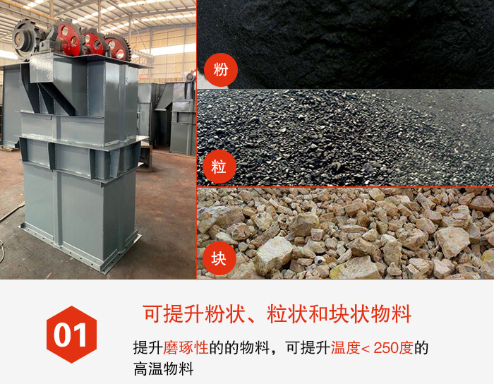 斗式提升機(jī)能夠提升的物料種類(lèi)比較多大致可分:粉,粒,塊等多種類(lèi)型。